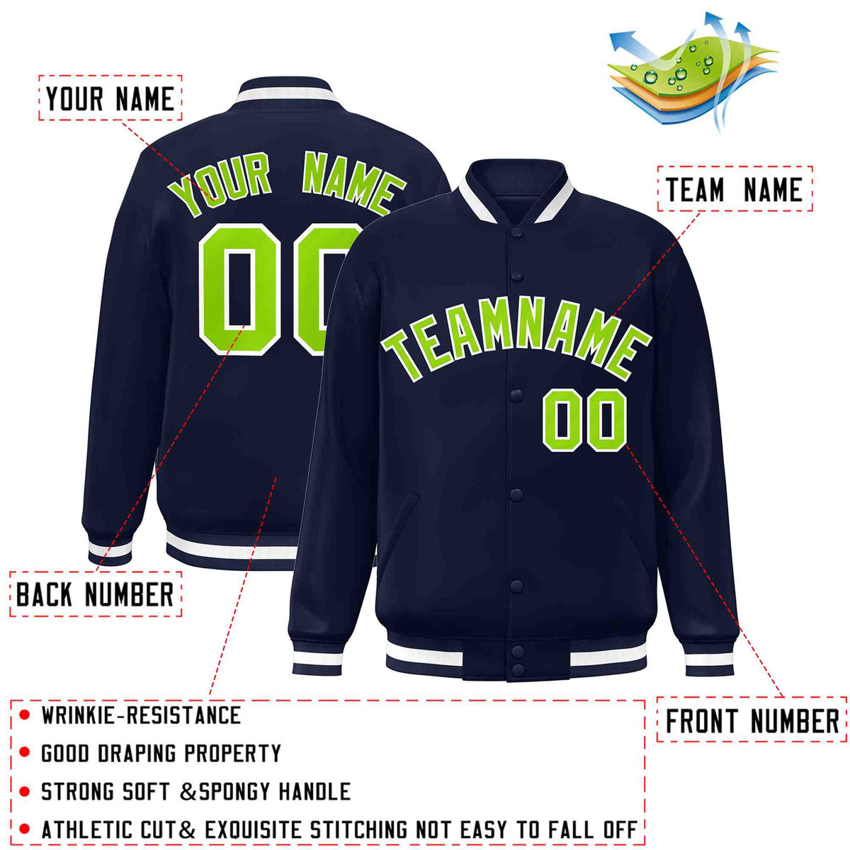 Custom Navy Neon Green-White Varsity  Jacket Classic Style Full-Snap Letterman