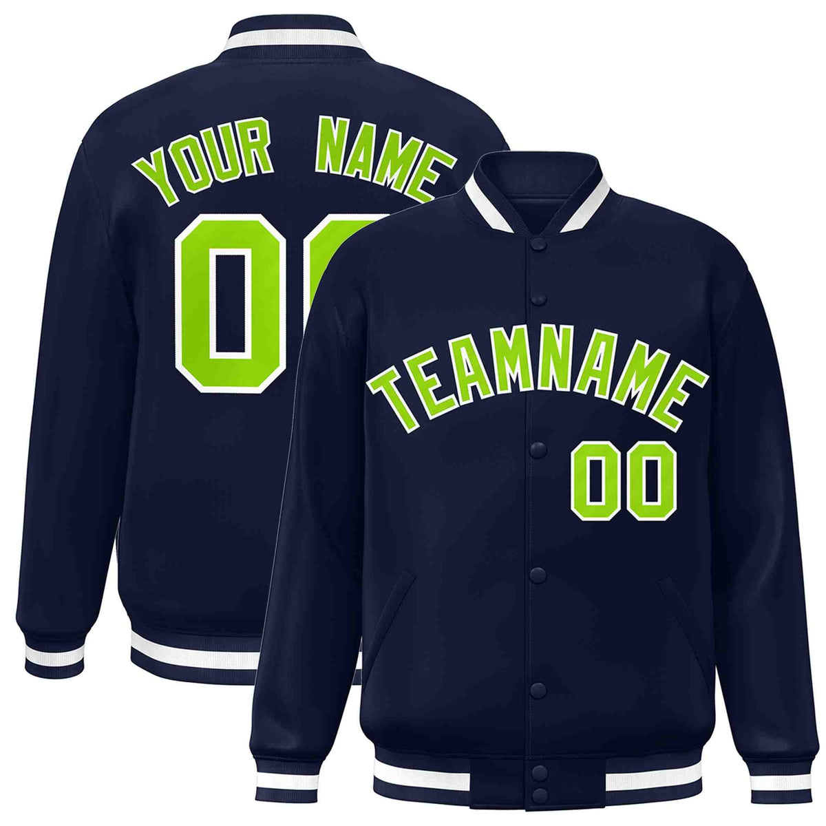 Custom Navy Neon Green-White Varsity  Jacket Classic Style Full-Snap Letterman