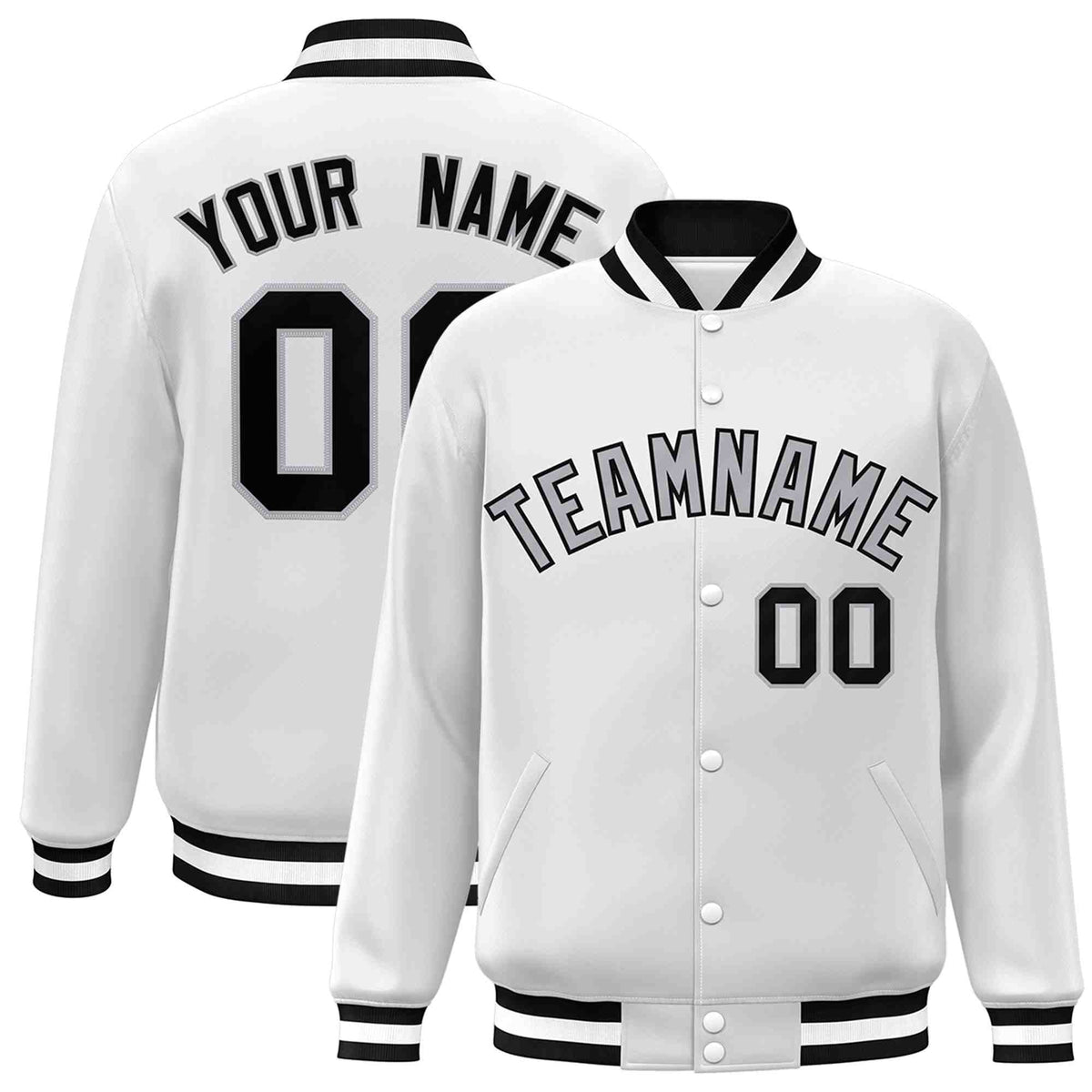 Custom White Gray-Black Varsity  Jacket Classic Style Full-Snap Letterman