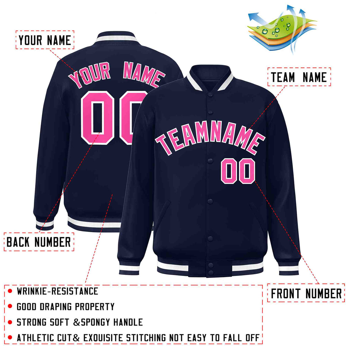 Custom Navy Pink-White Varsity  Jacket Classic Style Full-Snap Letterman