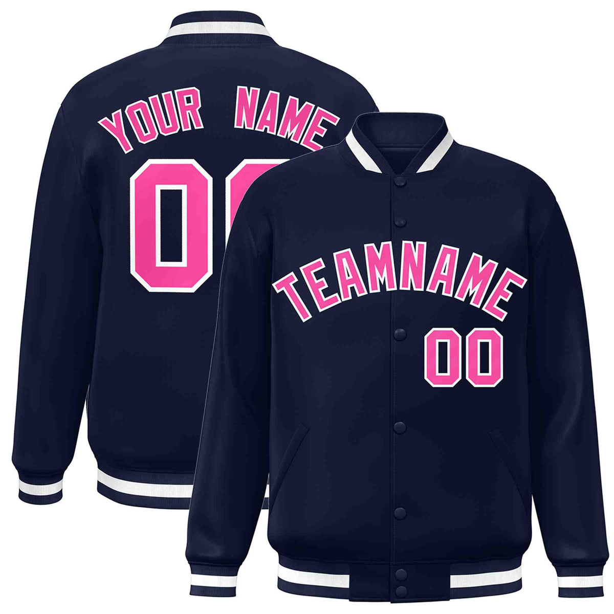 Custom Navy Pink-White Varsity  Jacket Classic Style Full-Snap Letterman