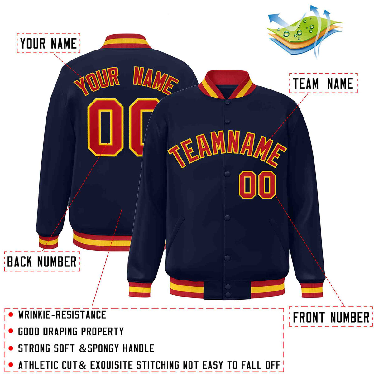 Custom Navy Red-Gold Varsity  Jacket Classic Style Full-Snap Letterman