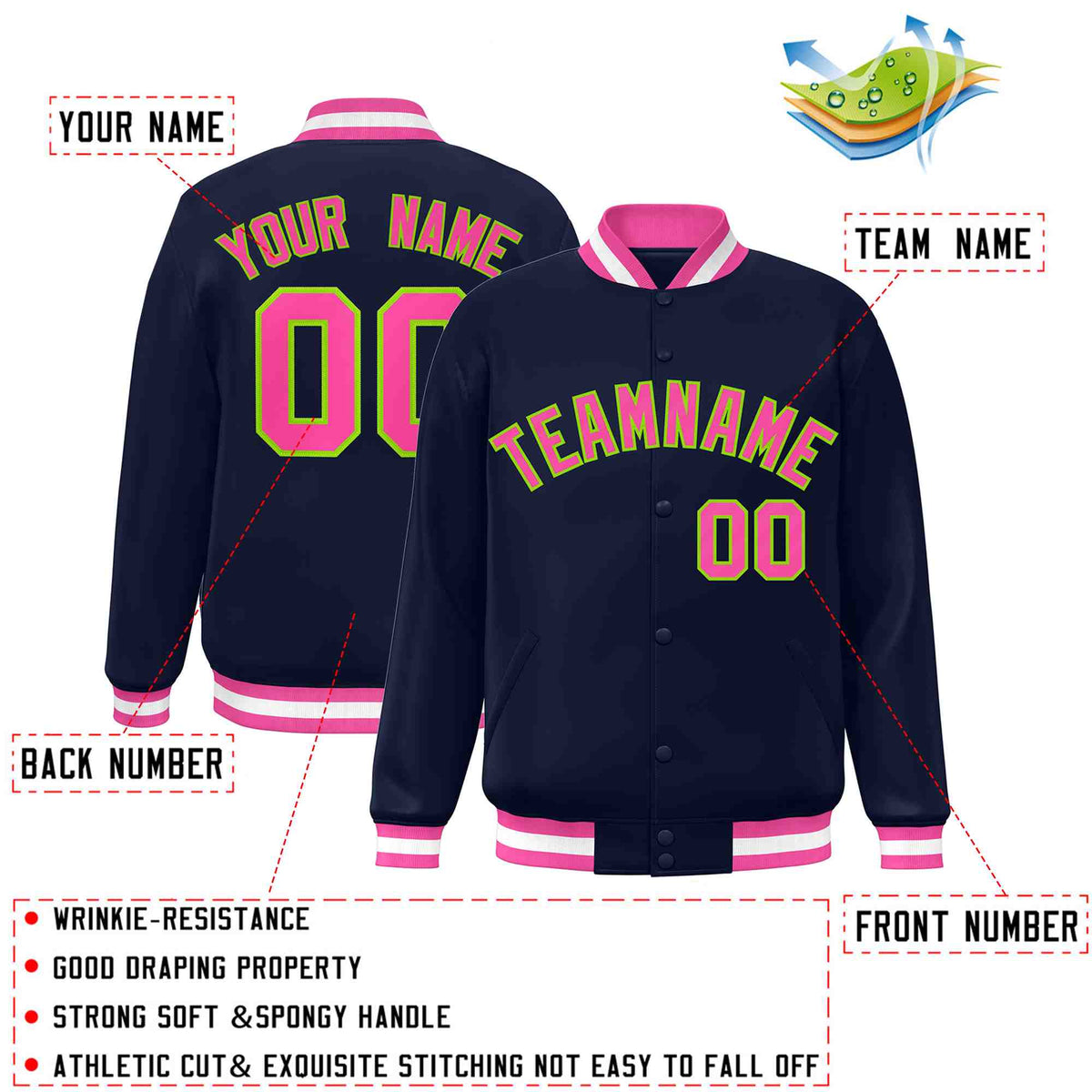 Custom Navy Pink-Neon Green Varsity  Jacket Classic Style Full-Snap Letterman