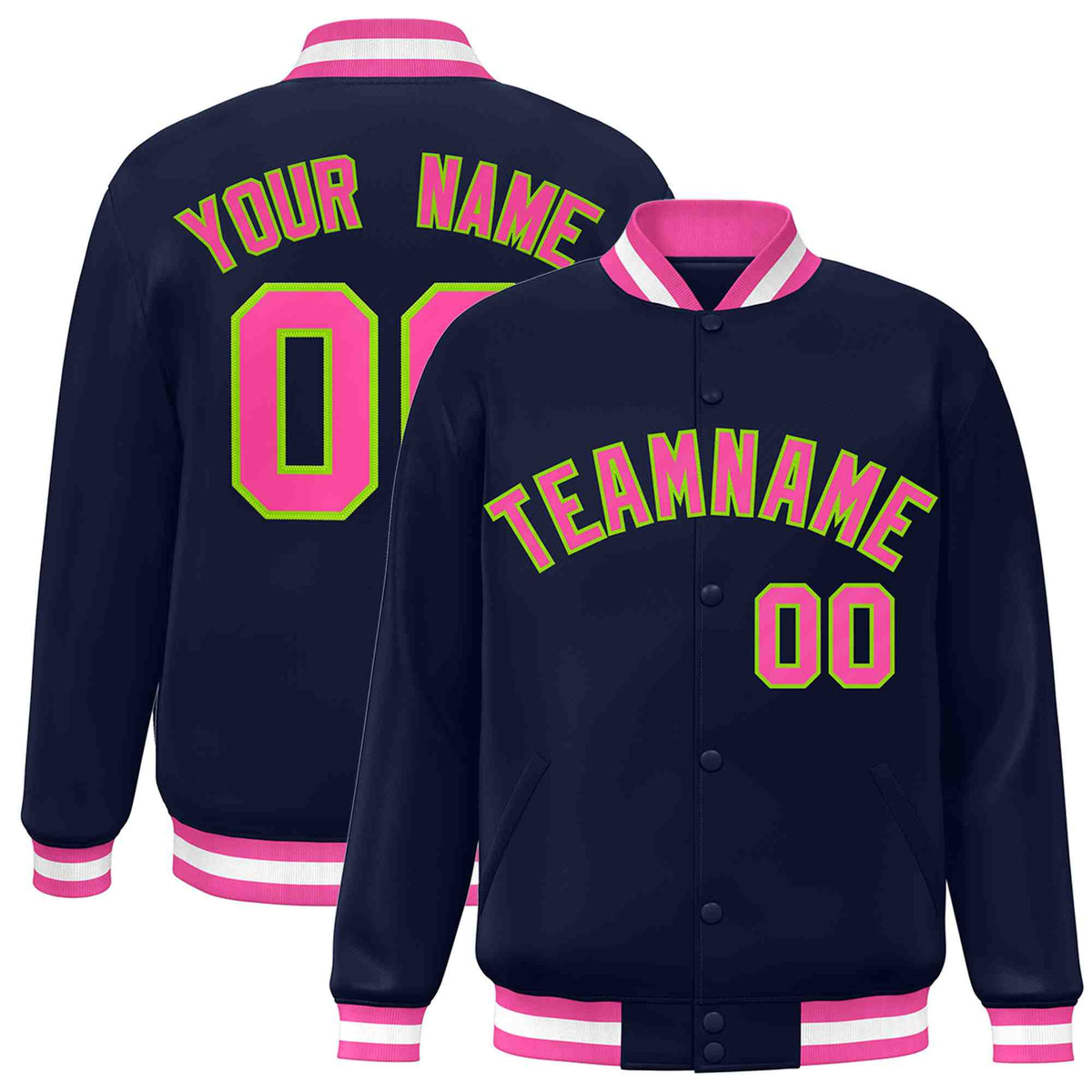 Custom Navy Pink-Neon Green Varsity  Jacket Classic Style Full-Snap Letterman