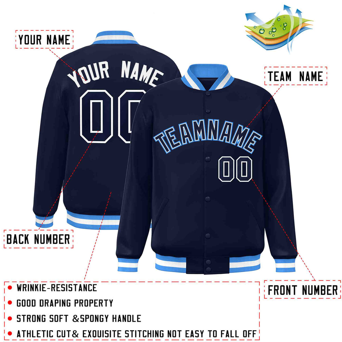 Custom Navy Navy-White Varsity  Jacket Classic Style Full-Snap Letterman