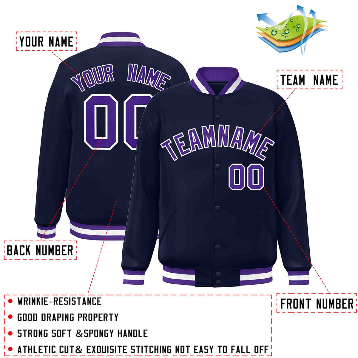 Custom Navy Purple-White Varsity  Jacket Classic Style Full-Snap Letterman