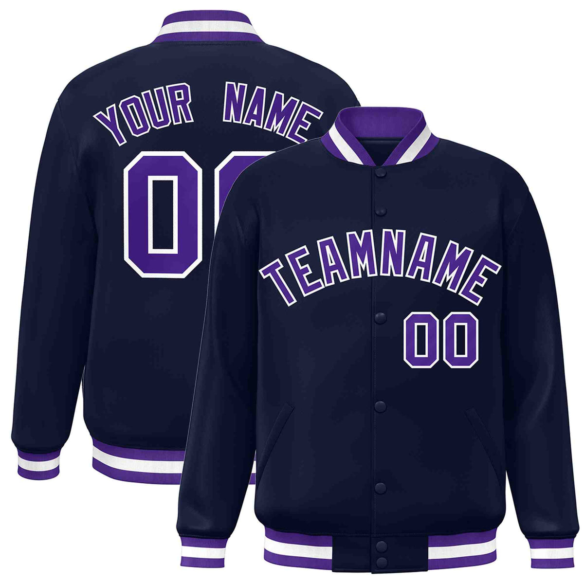 Custom Navy Purple-White Varsity  Jacket Classic Style Full-Snap Letterman
