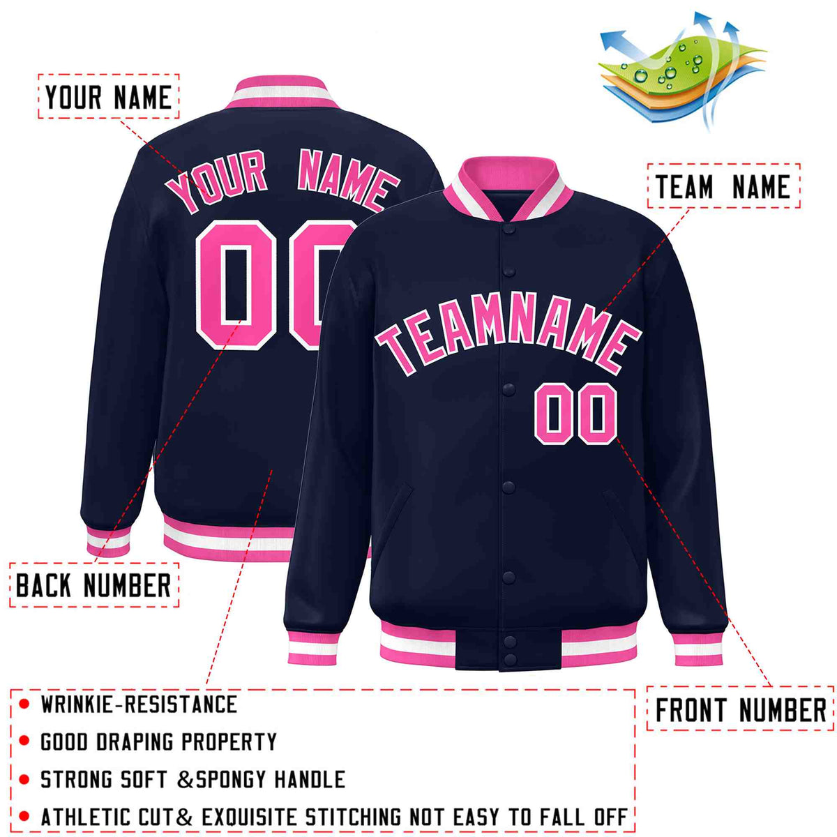 Custom Navy Pink-White Varsity  Jacket Classic Style Full-Snap Letterman