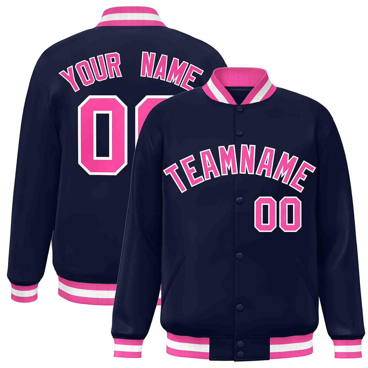 Custom Navy Pink-White Varsity  Jacket Classic Style Full-Snap Letterman