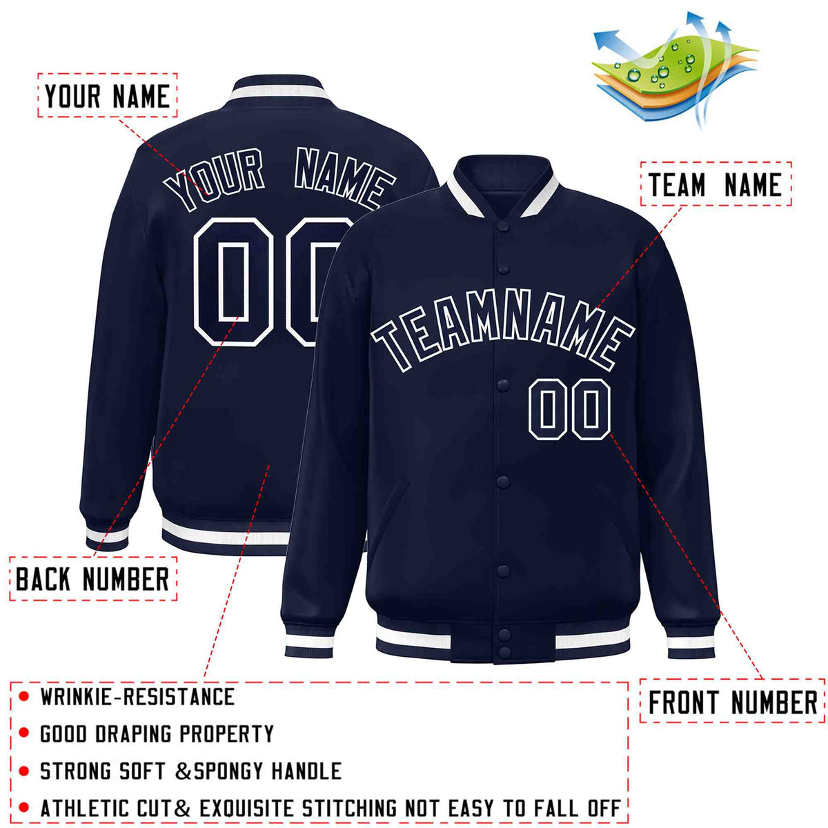 Custom Navy Navy-White Varsity  Jacket Classic Style Full-Snap Letterman