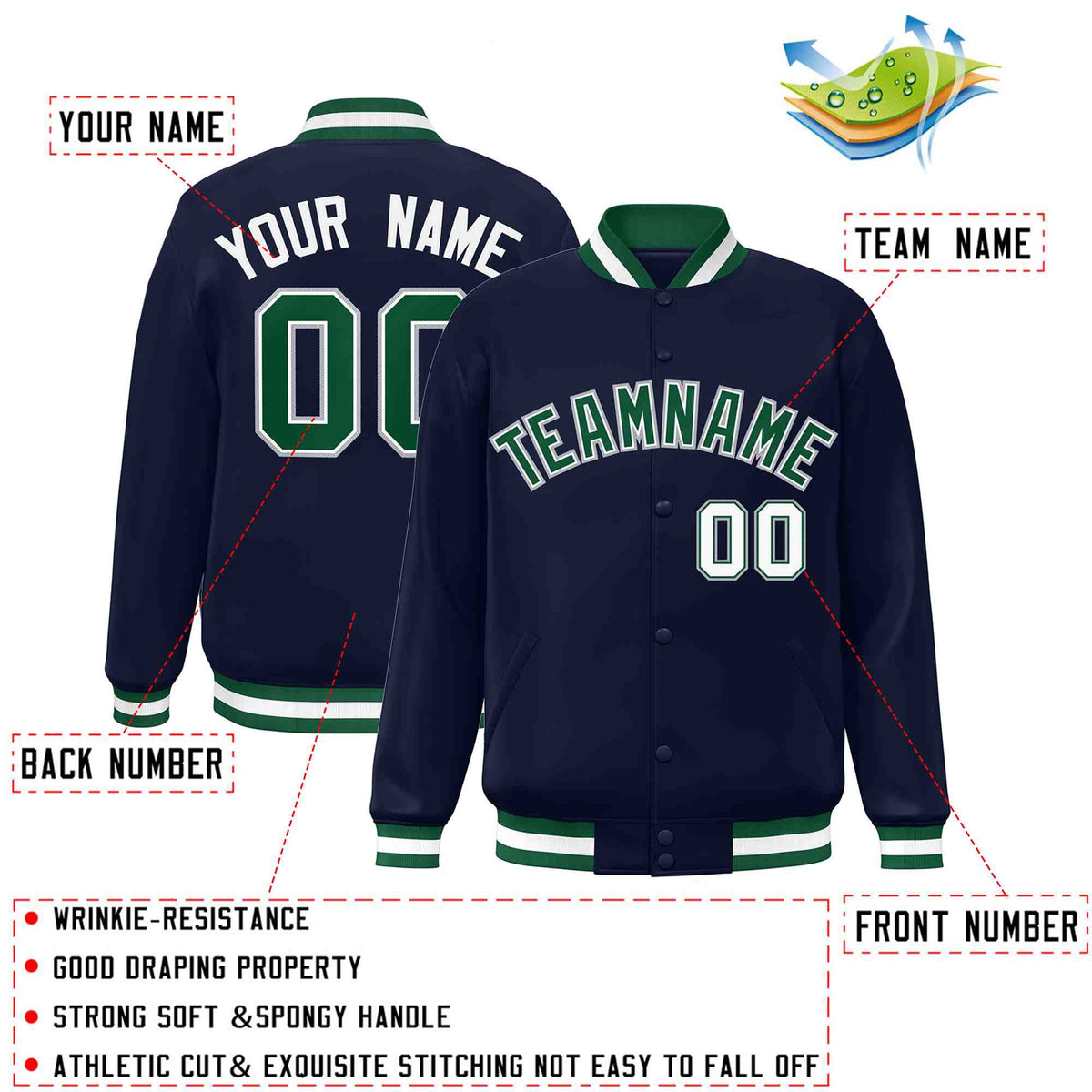 Custom Navy Green-White Varsity  Jacket Classic Style Full-Snap Letterman