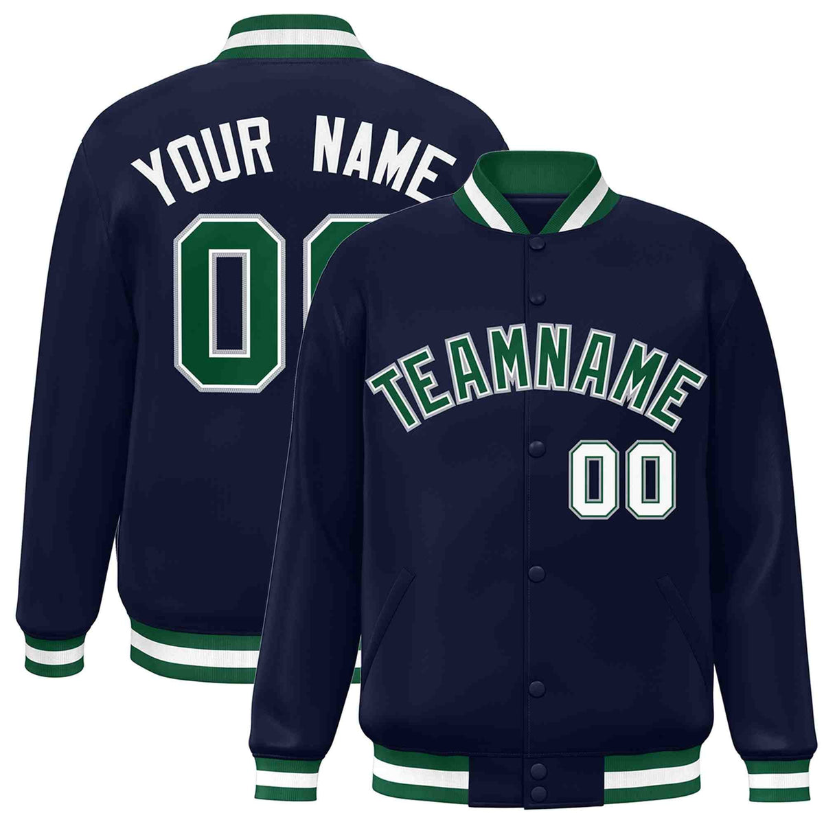 Custom Navy Green-White Varsity  Jacket Classic Style Full-Snap Letterman