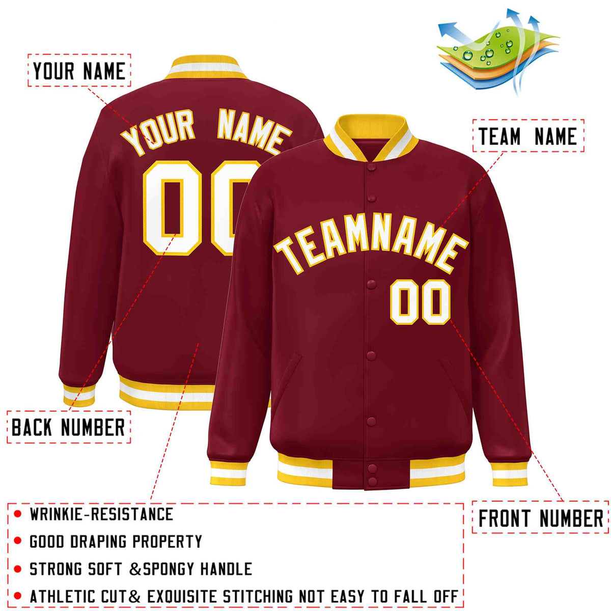 Custom Crimson White-Gold Varsity  Jacket Classic Style Full-Snap Letterman