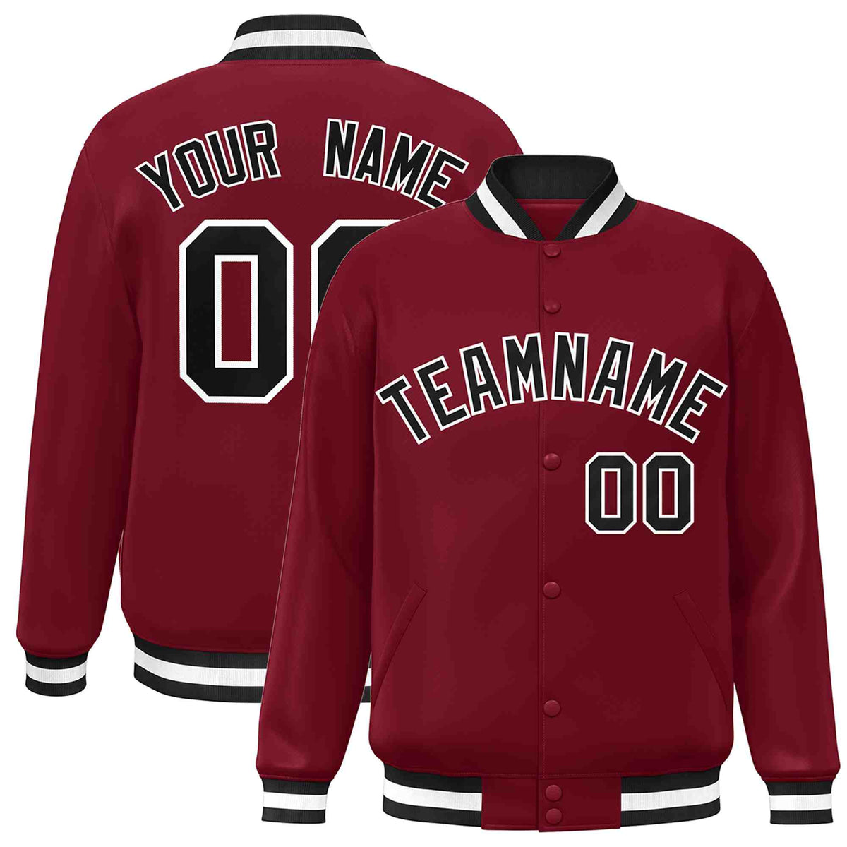 Custom Crimson Black-White Varsity  Jacket Classic Style Full-Snap Letterman