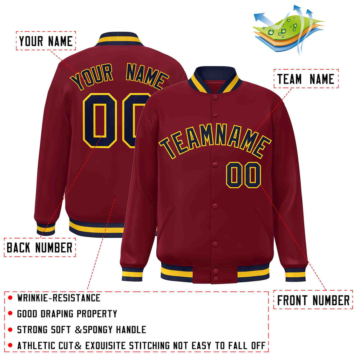 Custom Crimson Navy-Gold Varsity  Jacket Classic Style Full-Snap Letterman