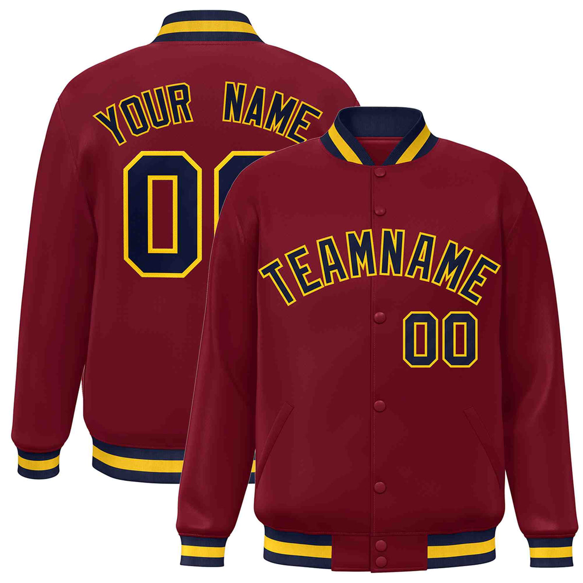 Custom Crimson Navy-Gold Varsity  Jacket Classic Style Full-Snap Letterman