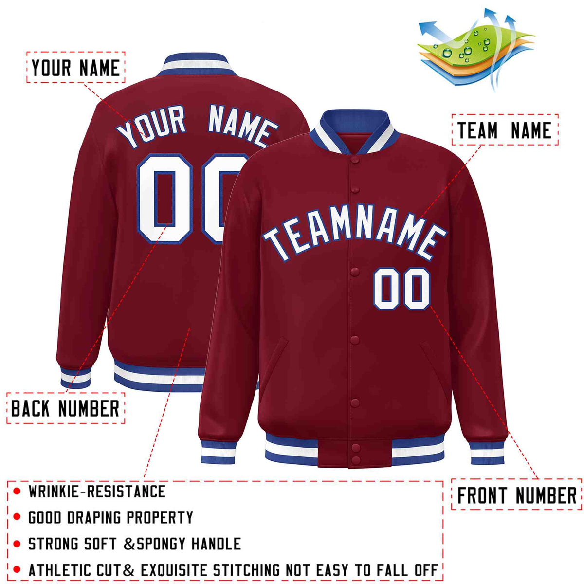 Custom Crimson White-Royal Varsity  Jacket Classic Style Full-Snap Letterman