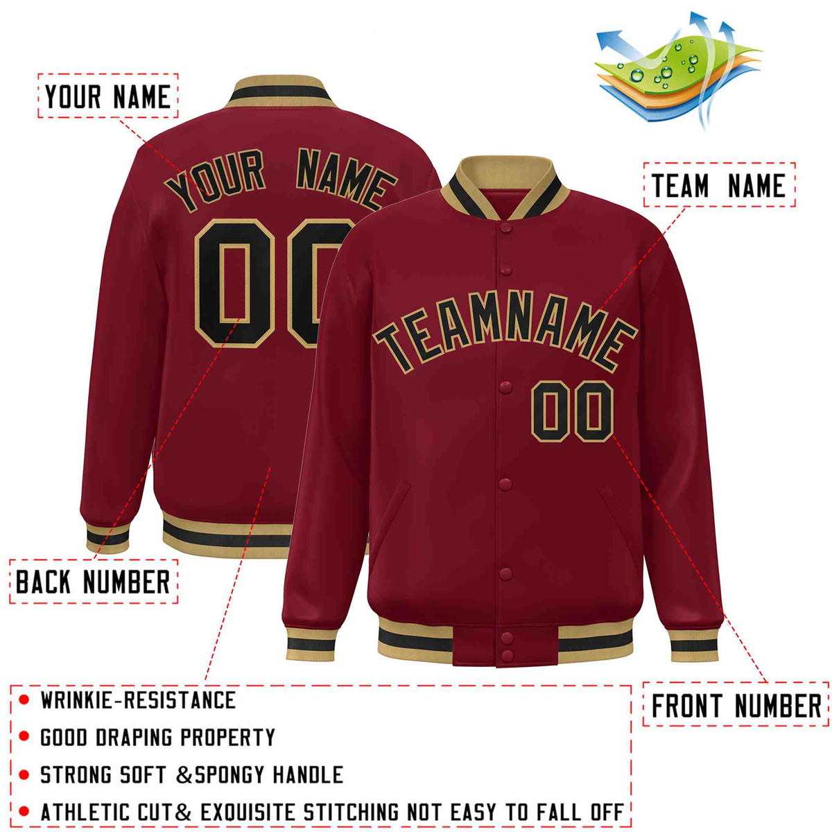 Custom Crimson Black-Old Gold Varsity  Jacket Classic Style Full-Snap Letterman