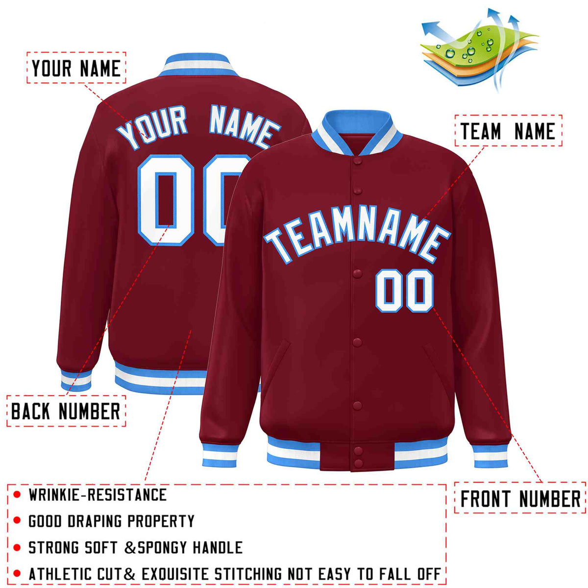 Custom Crimson White-Powder Blue Varsity  Jacket Classic Style Full-Snap Letterman