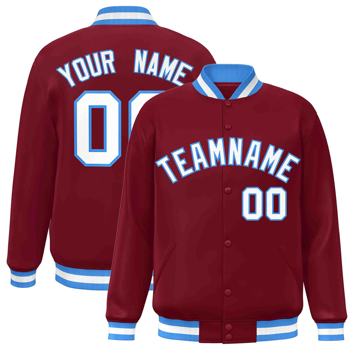Custom Crimson White-Powder Blue Varsity  Jacket Classic Style Full-Snap Letterman