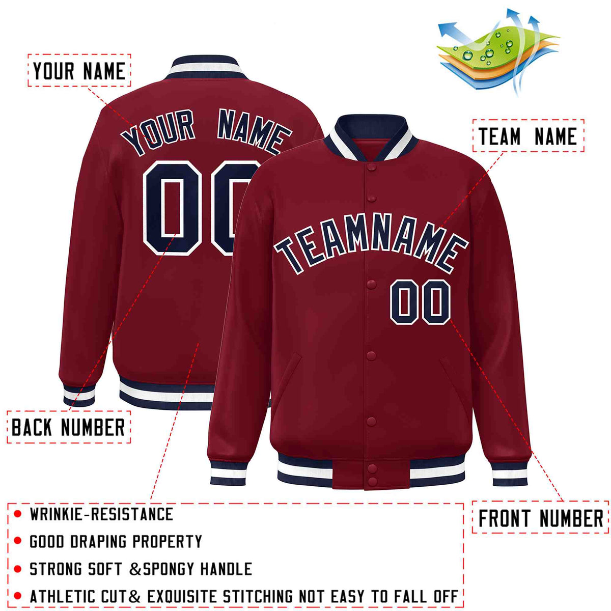 Custom Crimson Navy-White Varsity  Jacket Classic Style Full-Snap Letterman