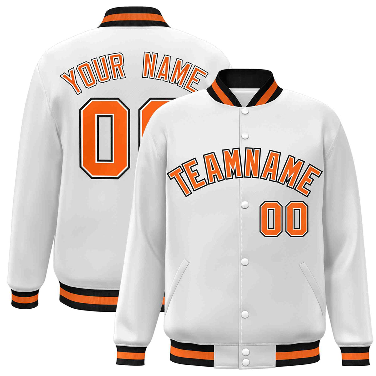 Custom White Orange-White Varsity  Jacket Classic Style Full-Snap Letterman
