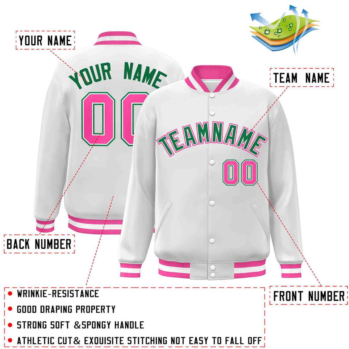 Custom White Green-White Varsity  Jacket Classic Style Full-Snap Letterman
