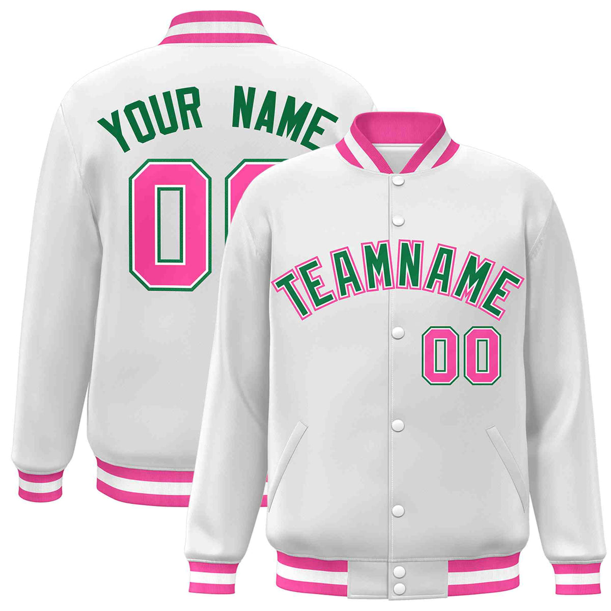 Custom White Green-White Varsity  Jacket Classic Style Full-Snap Letterman