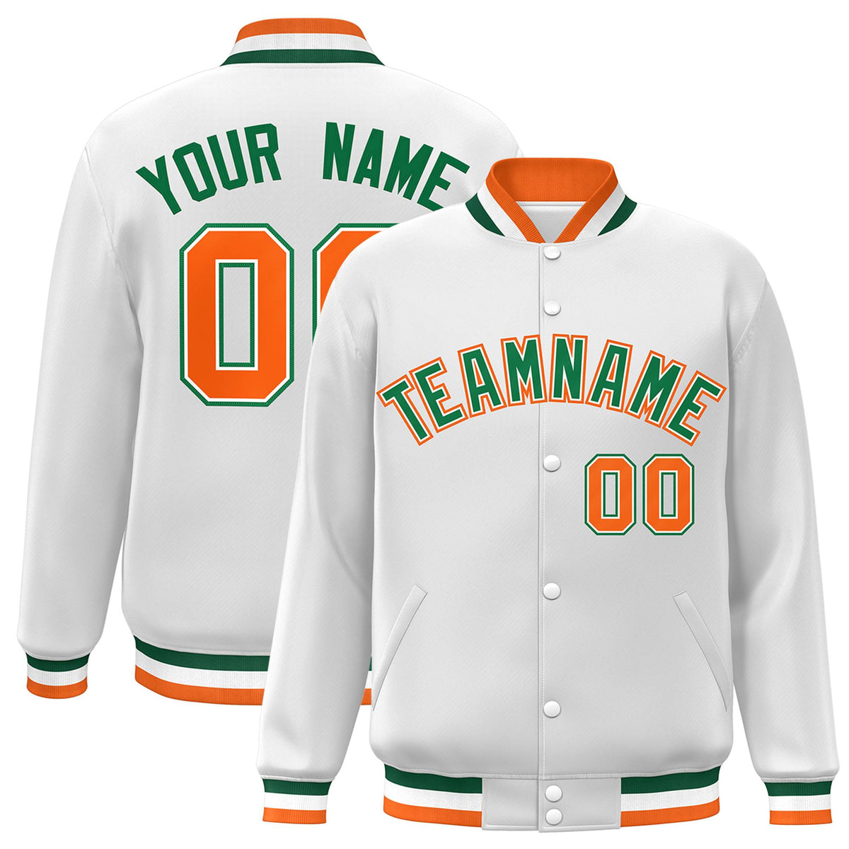 Custom White Green-White Varsity  Jacket Classic Style Full-Snap Letterman
