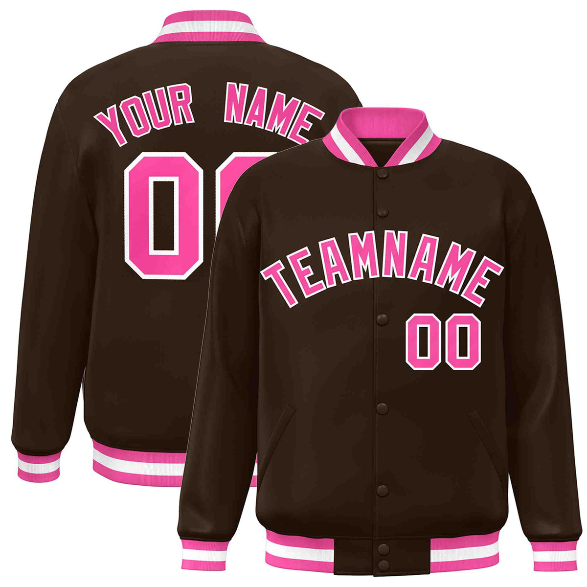Custom Brown Pink-White Varsity  Jacket Classic Style Full-Snap Letterman
