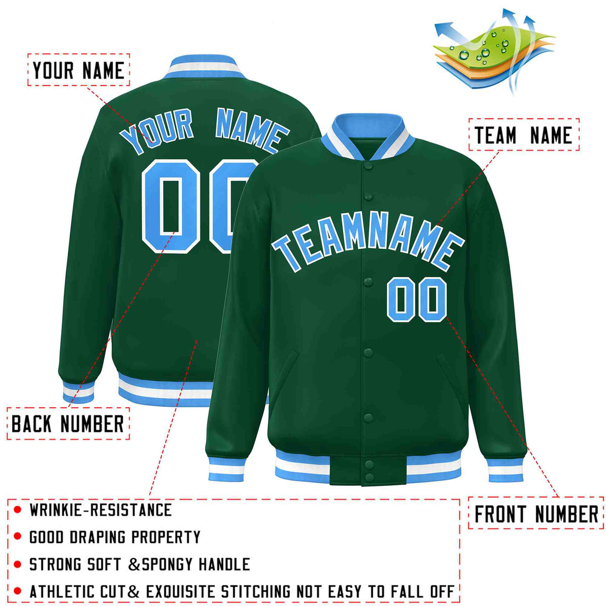 Custom Green Powder Blue-White Varsity  Jacket Classic Style Full-Snap Letterman