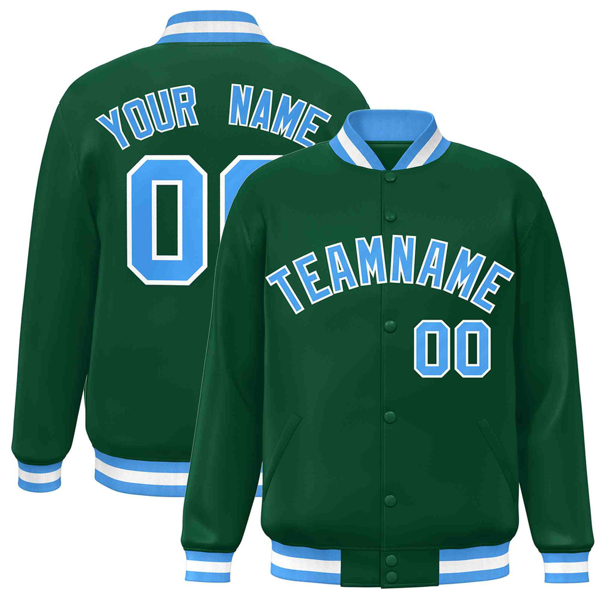 Custom Green Powder Blue-White Varsity  Jacket Classic Style Full-Snap Letterman