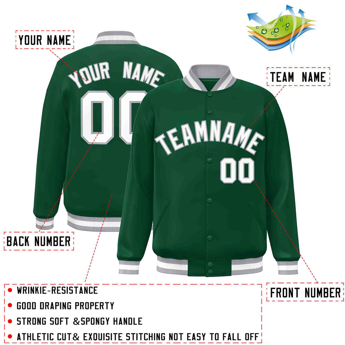 Custom Green White-Gray Varsity  Jacket Classic Style Full-Snap Letterman