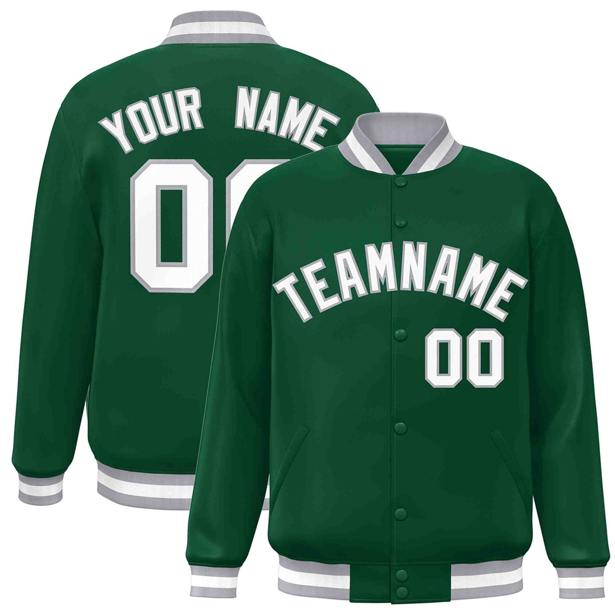 Custom Green White-Gray Varsity  Jacket Classic Style Full-Snap Letterman