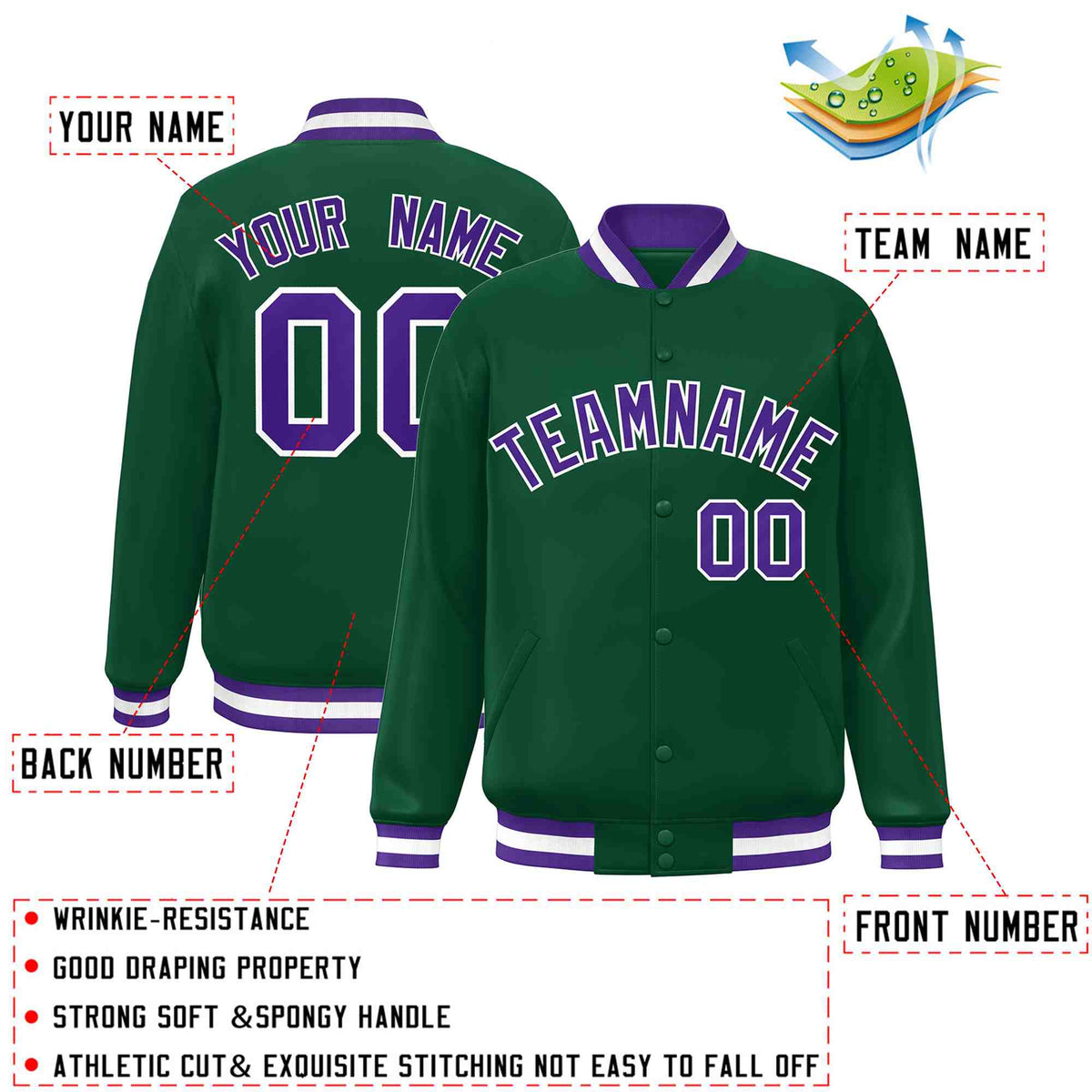 Custom Green Purple-White Varsity  Jacket Classic Style Full-Snap Letterman