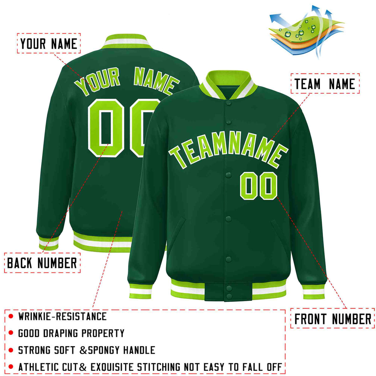 Custom Green Neon Green-White Varsity  Jacket Classic Style Full-Snap Letterman