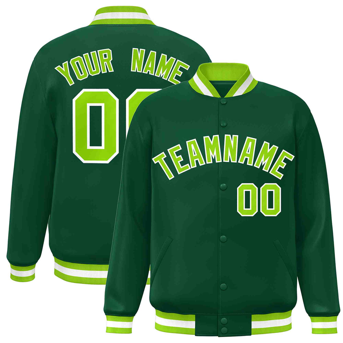 Custom Green Neon Green-White Varsity  Jacket Classic Style Full-Snap Letterman