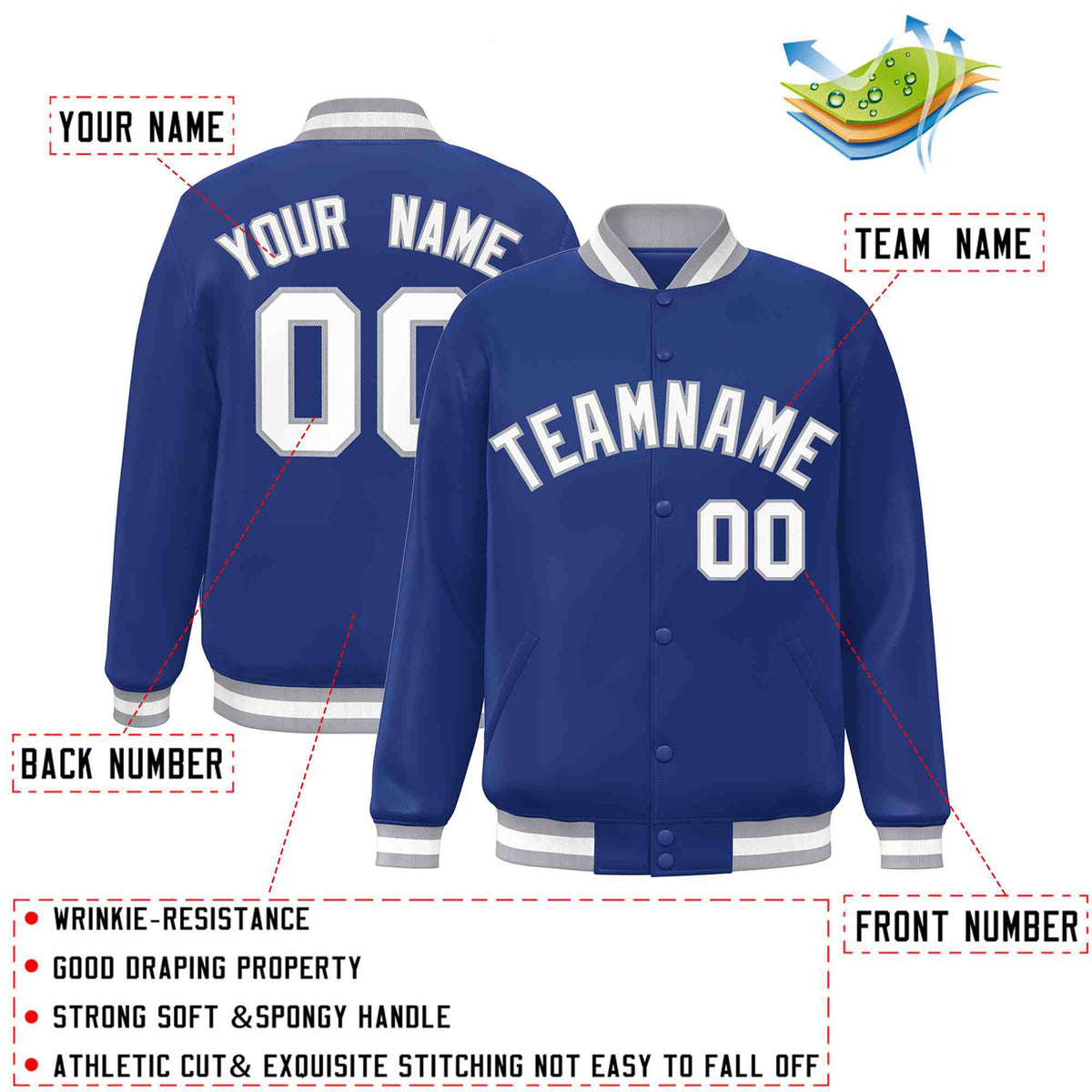 Custom Royal White-Gray Varsity  Jacket Classic Style Full-Snap Letterman