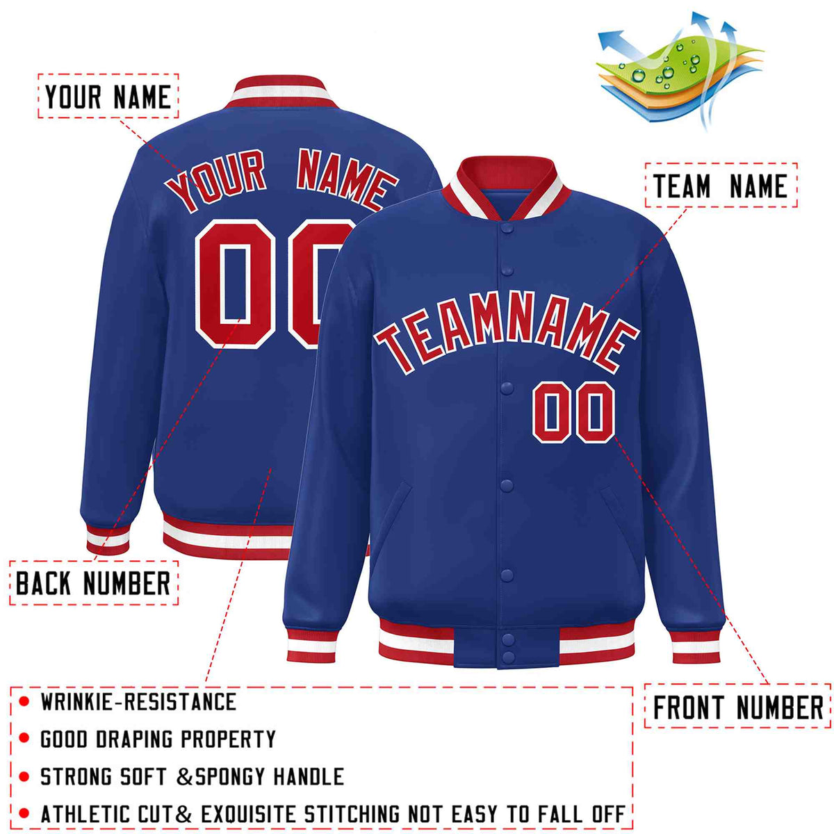 Custom Royal Red-White Varsity  Jacket Classic Style Full-Snap Letterman