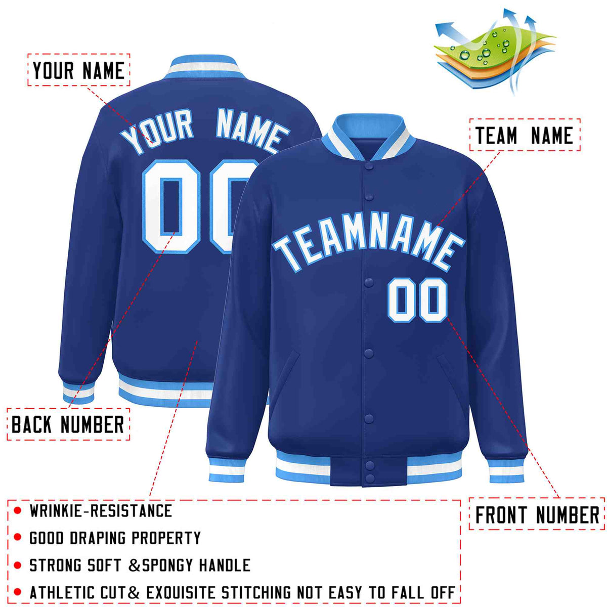 Custom Royal White-Powder Blue Varsity  Jacket Classic Style Full-Snap Letterman