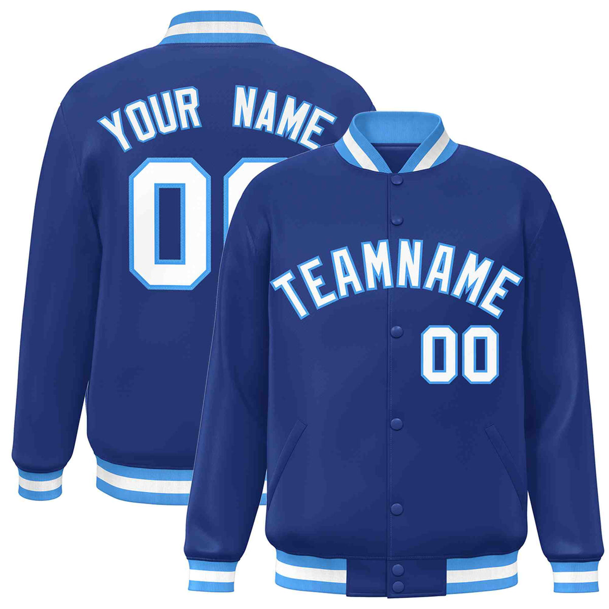 Custom Royal White-Powder Blue Varsity  Jacket Classic Style Full-Snap Letterman