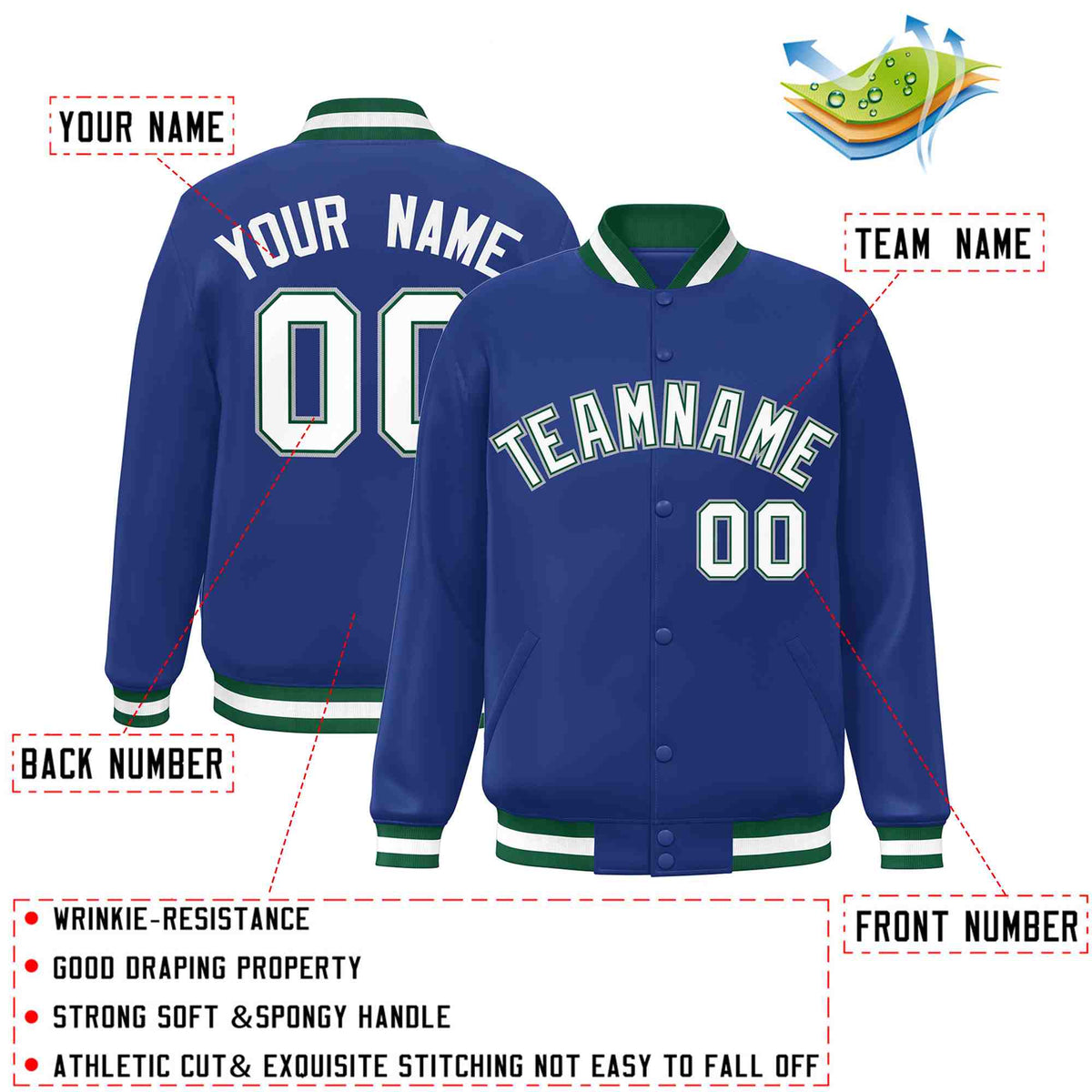 Custom Royal White-Green Varsity  Jacket Classic Style Full-Snap Letterman