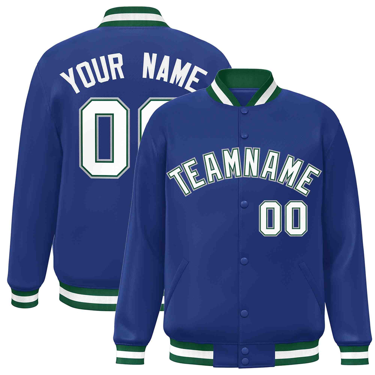 Custom Royal White-Green Varsity  Jacket Classic Style Full-Snap Letterman