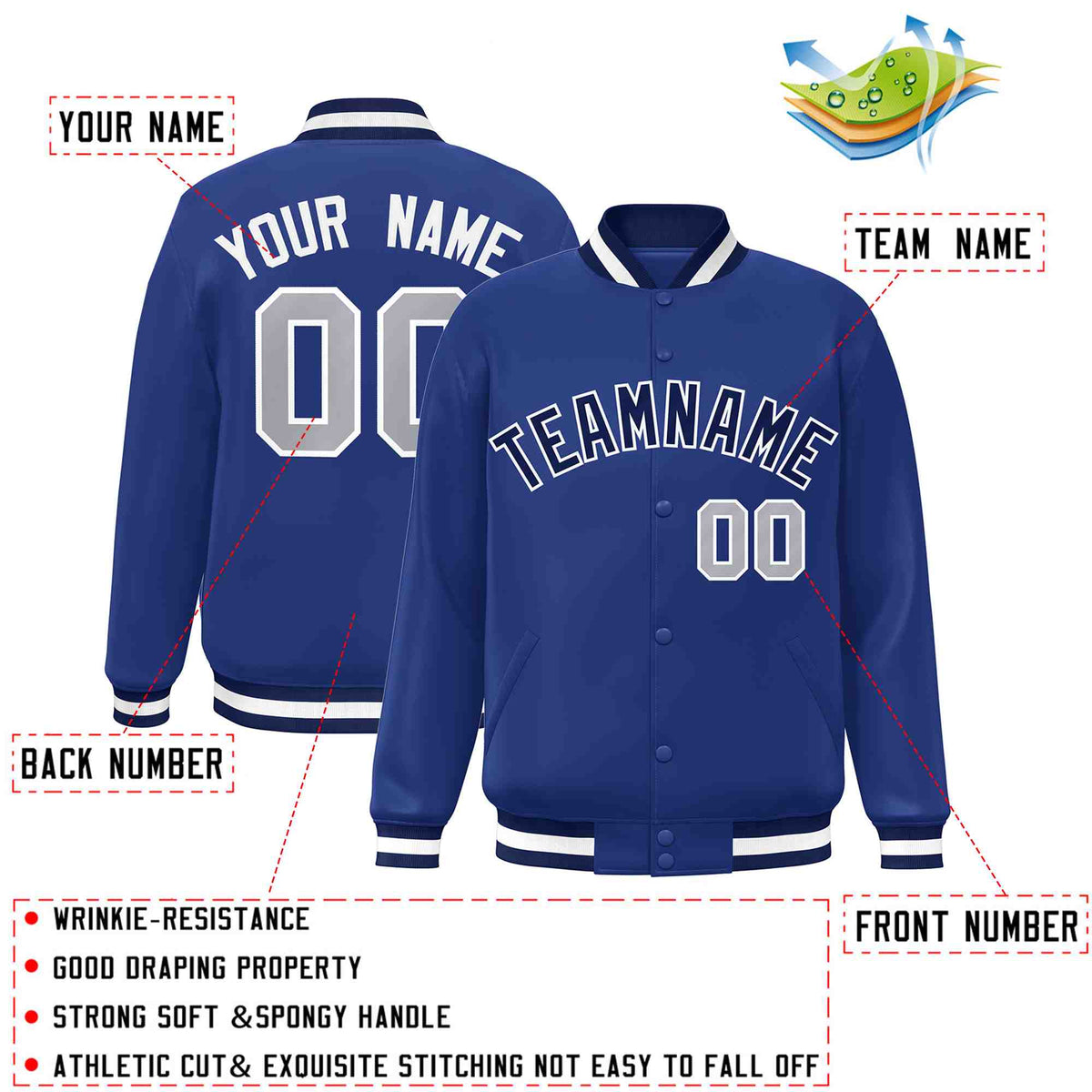 Custom Royal Navy-White Varsity  Jacket Classic Style Full-Snap Letterman