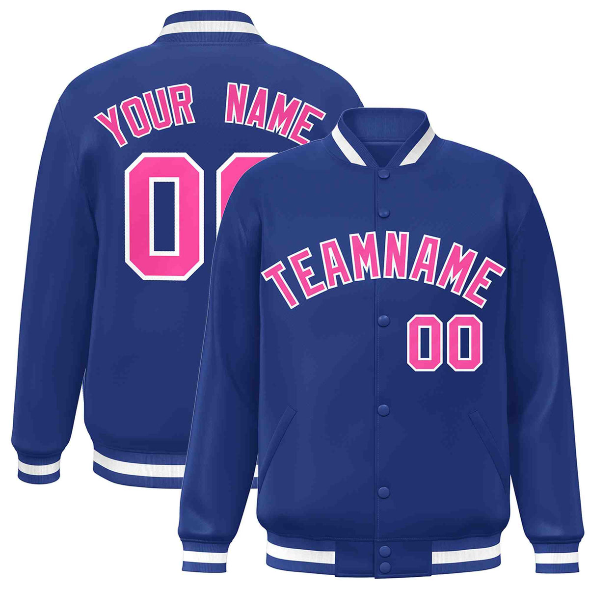 Custom Royal Pink-White Varsity  Jacket Classic Style Full-Snap Letterman