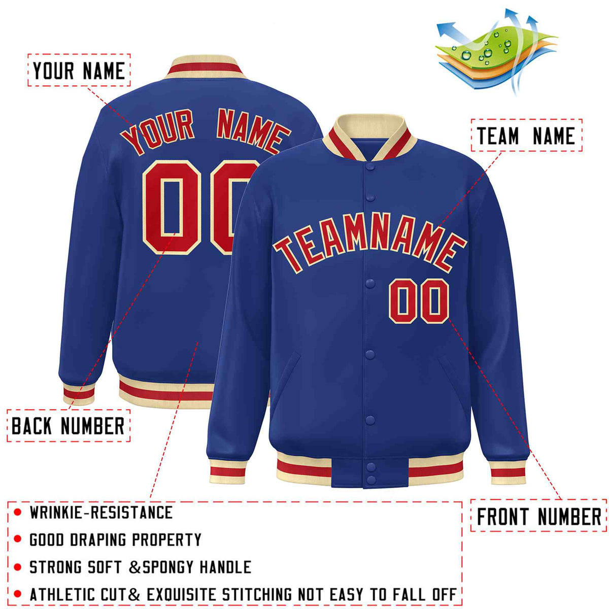 Custom Royal Red-Khaki Varsity  Jacket Classic Style Full-Snap Letterman