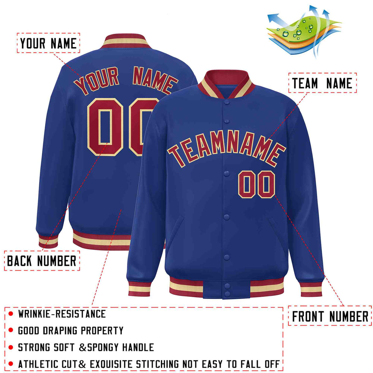 Custom Royal Crimson-Khaki Varsity  Jacket Classic Style Full-Snap Letterman