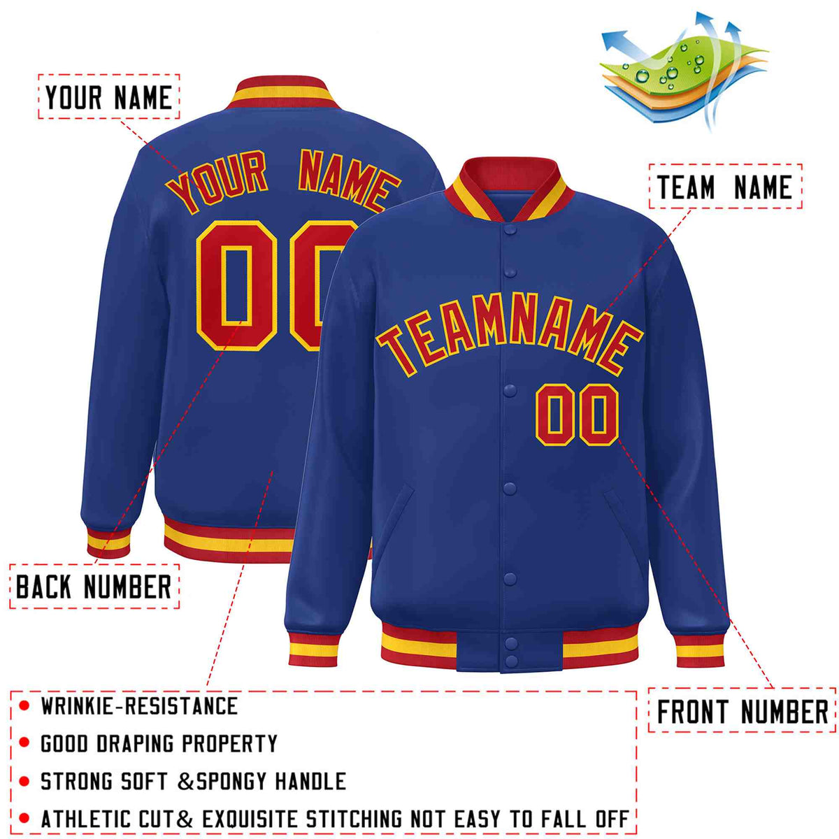 Custom Royal Red-Gold Varsity  Jacket Classic Style Full-Snap Letterman