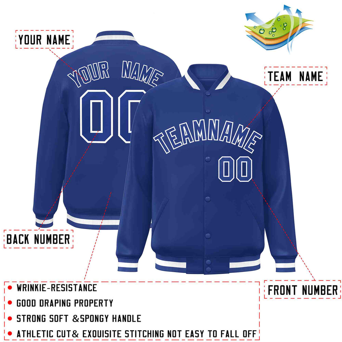 Custom Royal Royal-White Varsity  Jacket Classic Style Full-Snap Letterman