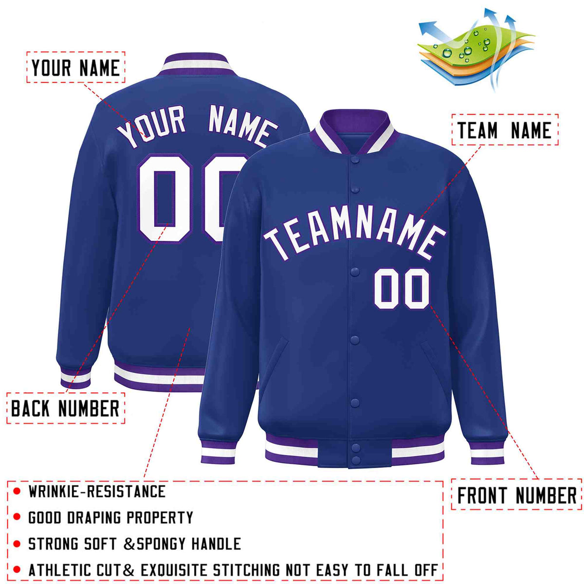 Custom Royal White-Purple Varsity  Jacket Classic Style Full-Snap Letterman